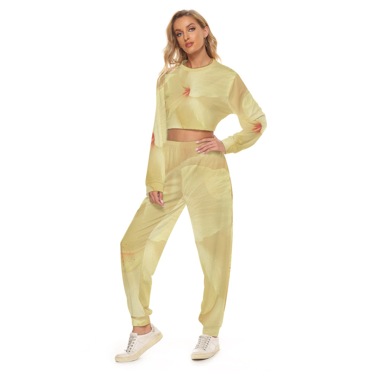 Tuta donna gialla chiara con felpa cropped girocollo e pantaloni jogger
