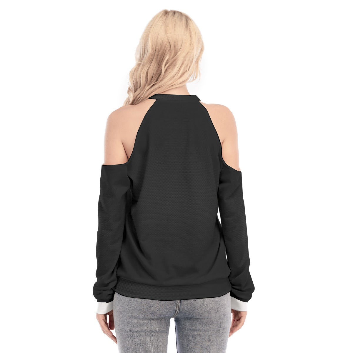 Felpa donna senza spalline nera, retro con maniche lunghe e design grafico colorato