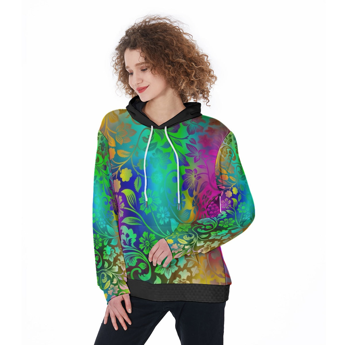 Felpa con cappuccio da donna fantasia floreale multicolor con bordi neri