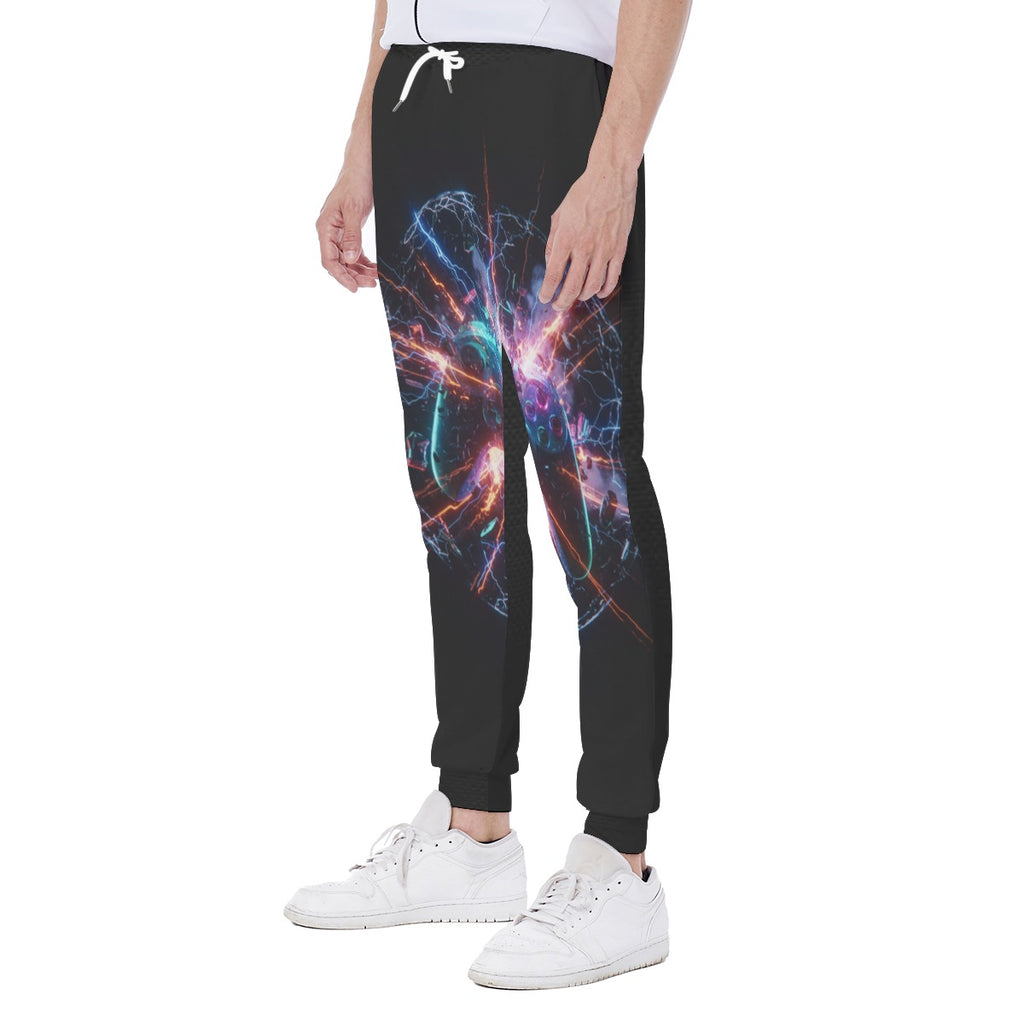 Pantaloni jogger neri con stampa grafica multicolore, tasche laterali e coulisse