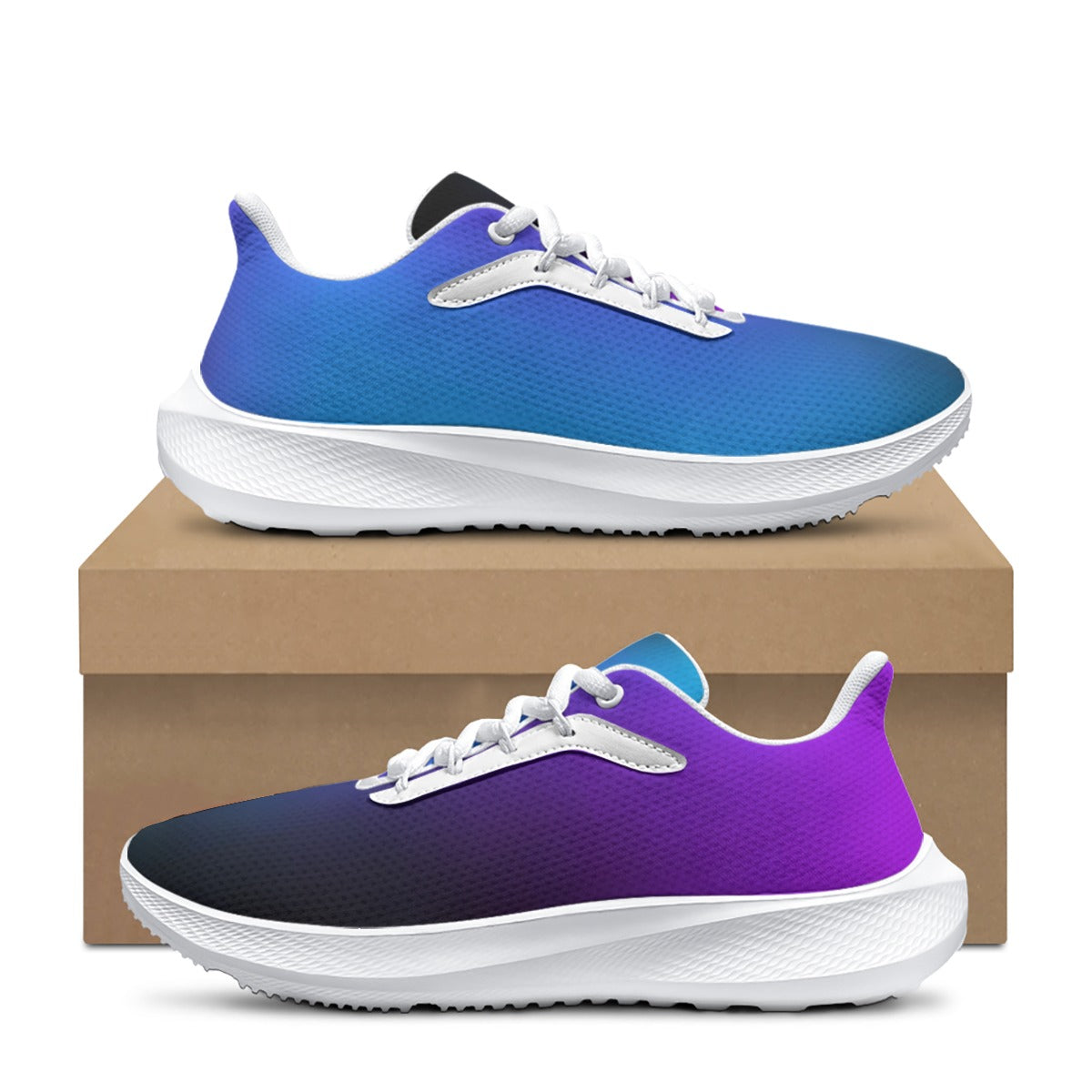 Scarpe running donna viola e blu con dettaglio grigio, suola bianca.