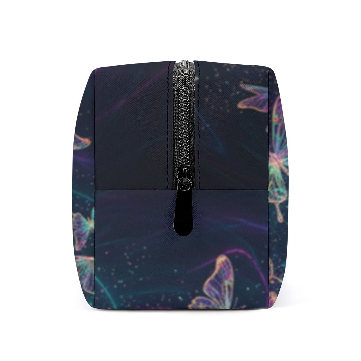Astuccio cosmetici PU fantasia farfalle, zip verticale metallica su pannello scuro