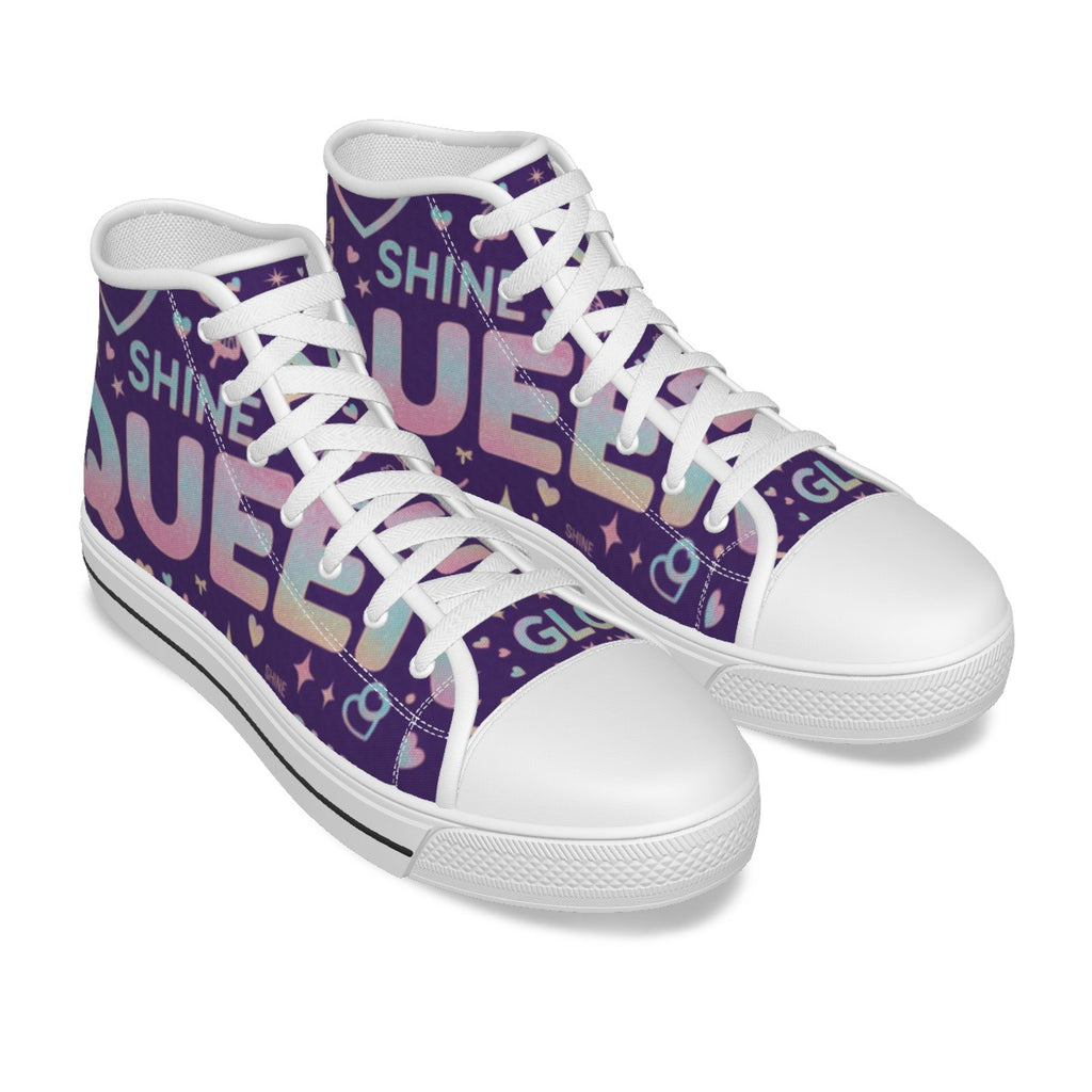 Scarpe canvas bambina alte viola con punta bianca e lacci bianchi, suola a righe.