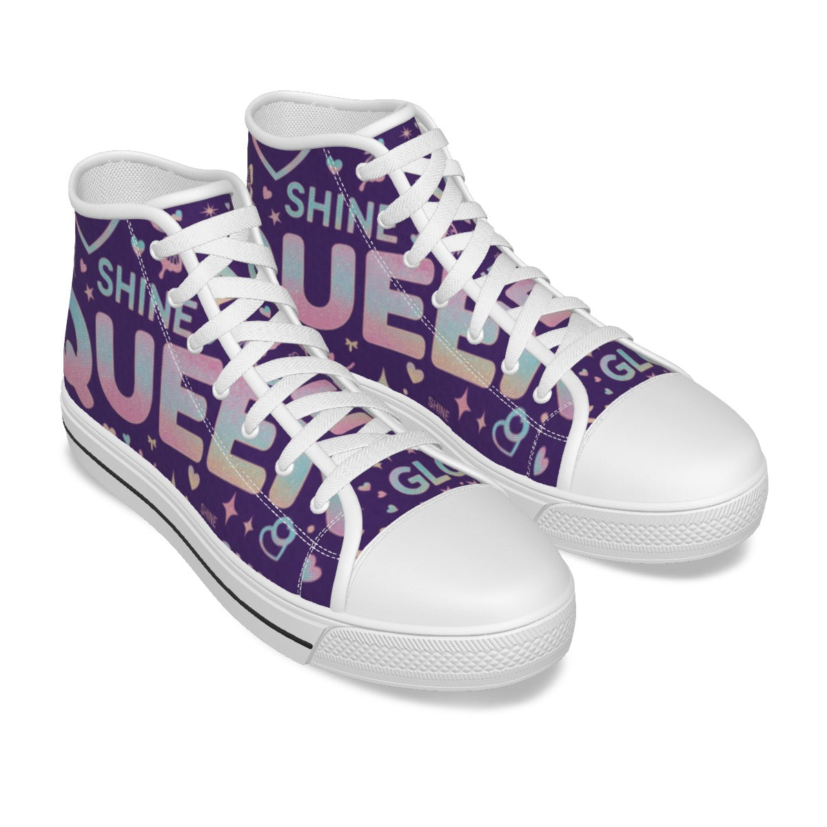 Scarpe canvas bambina alte viola con punta bianca e lacci bianchi, suola a righe.