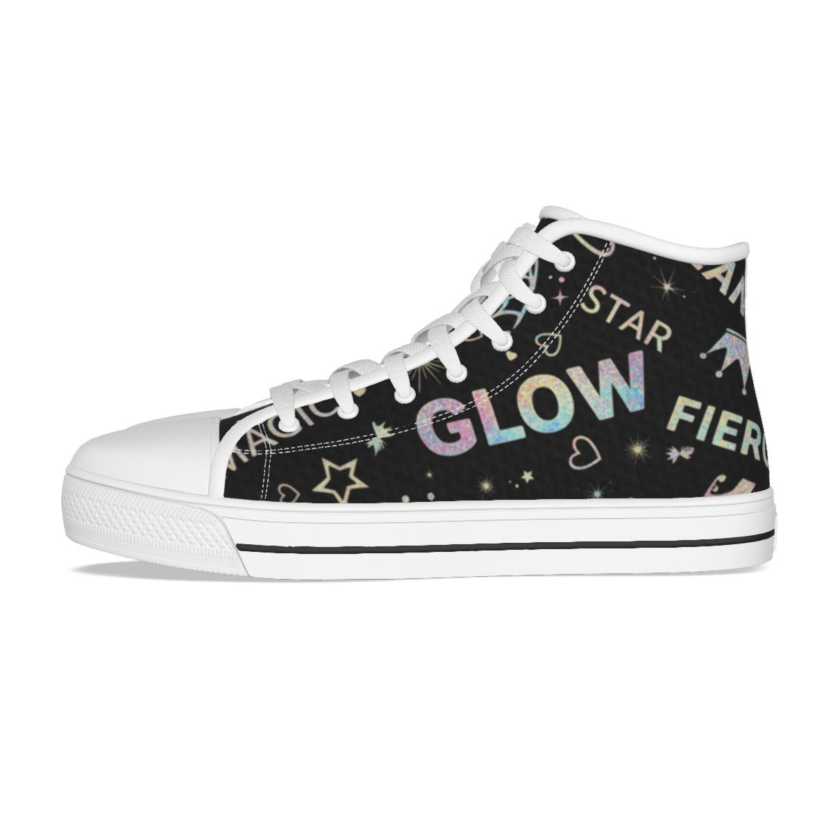 Scarpa da bambina alta in canvas nero con lacci bianchi e scritta “STAR” e “GLOW”.