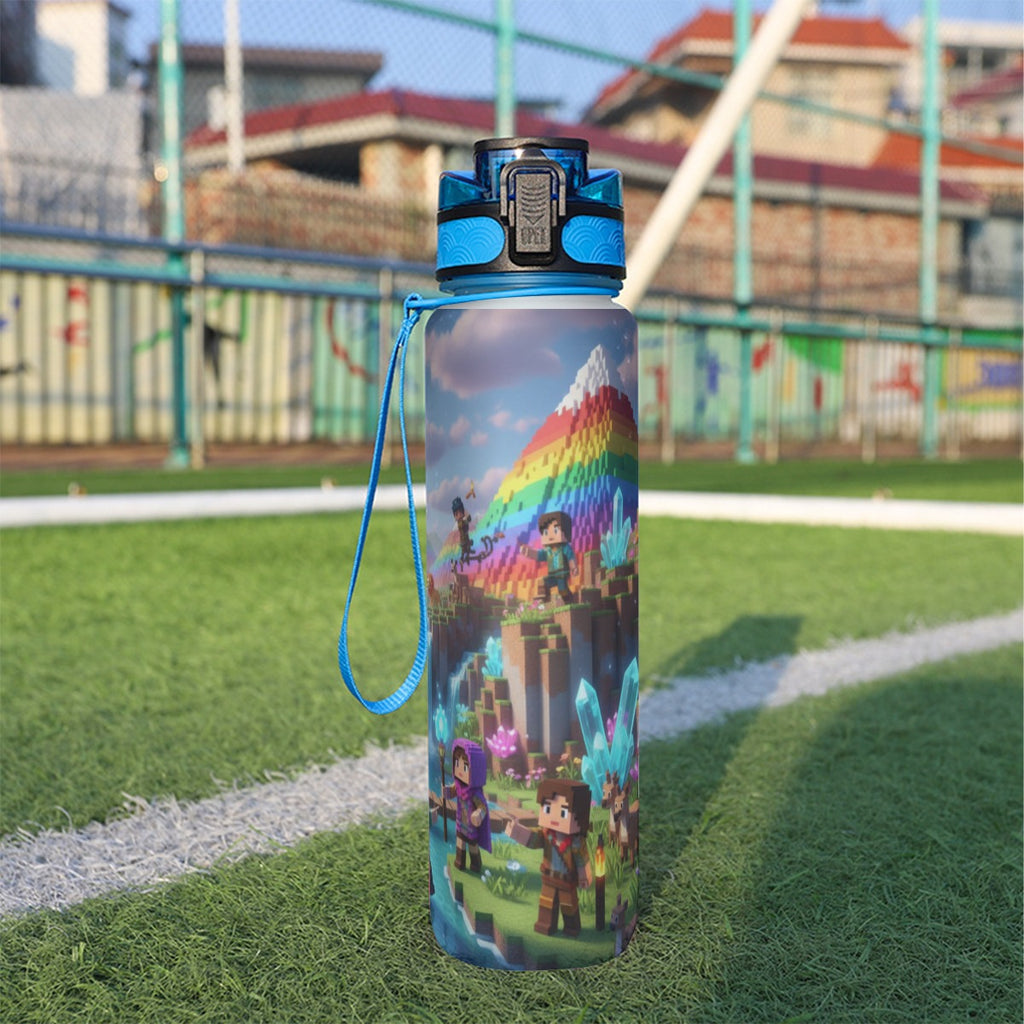 Borraccia sportiva 32 oz con grafica colorata e tappo blu, laccetto in corda.