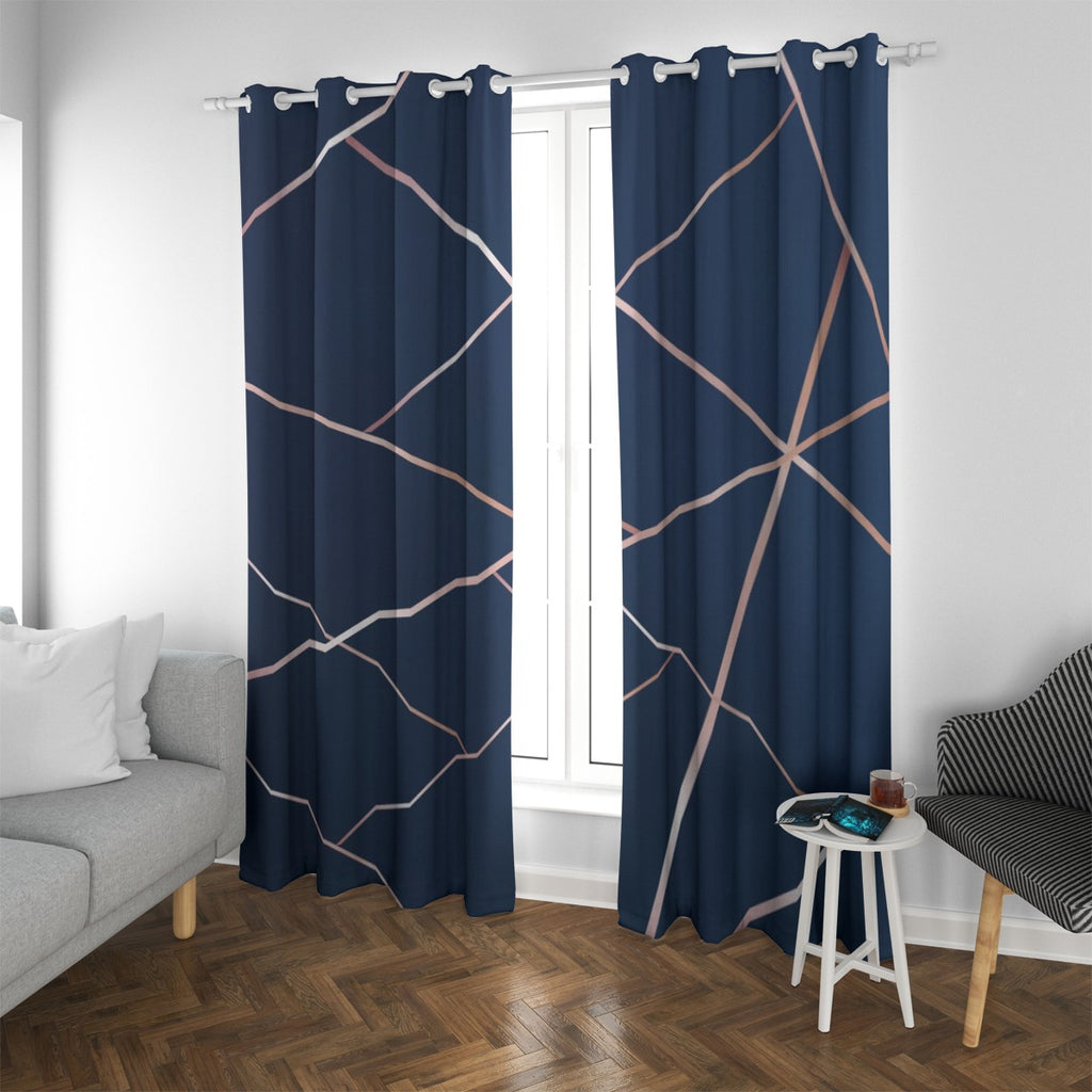 Tende con occhielli blu scuro a linee geometriche rame, coppia di pannelli