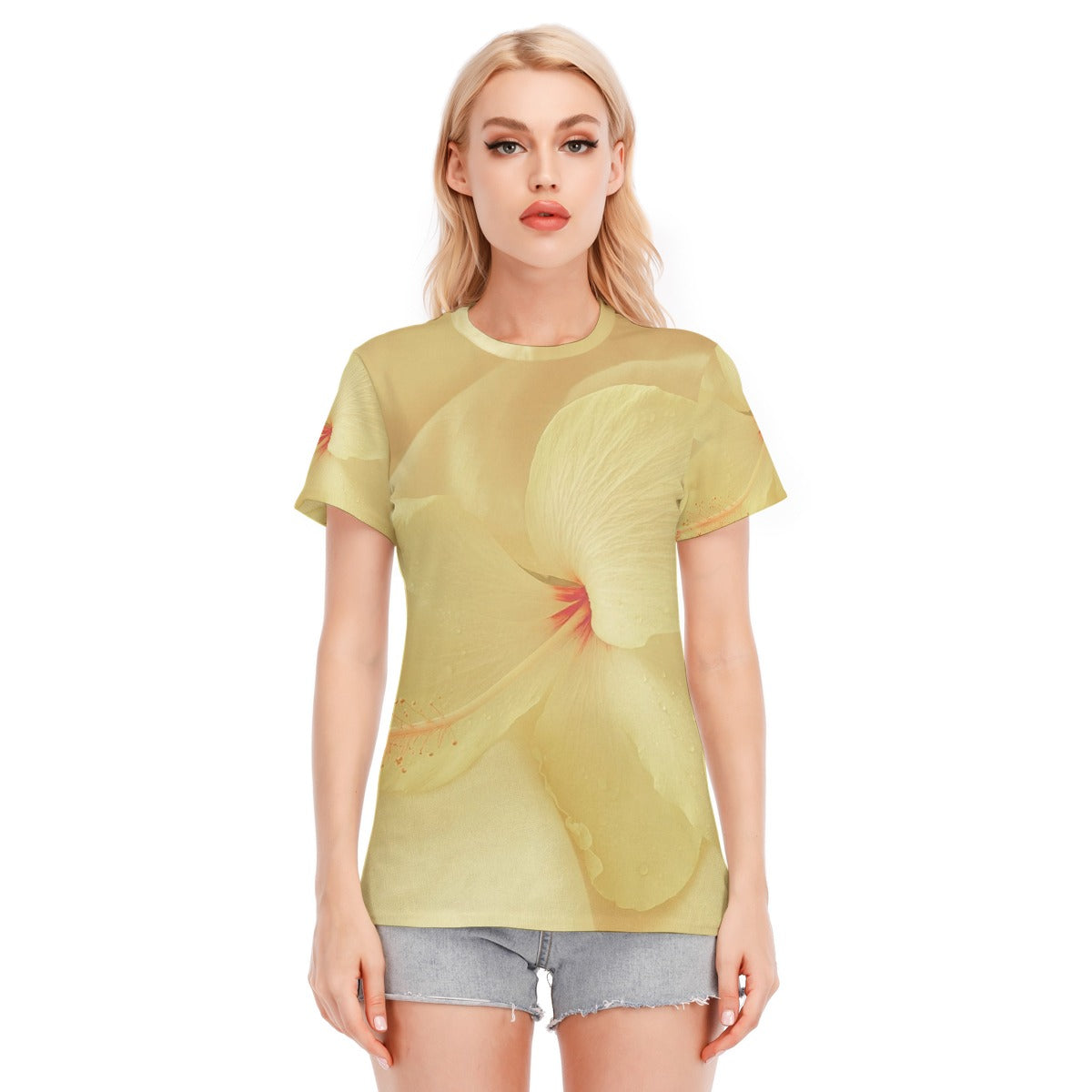 Maglietta donna giallo chiaro con stampa floreale sul davanti, maniche corte