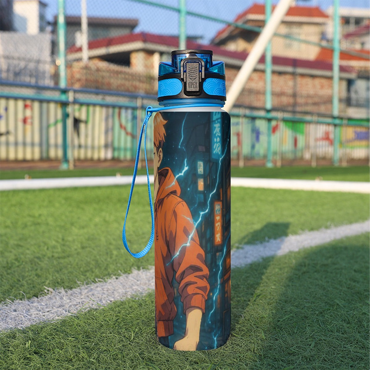 Borraccia sportiva 32oz blu con tappo e stampa anime sul lato