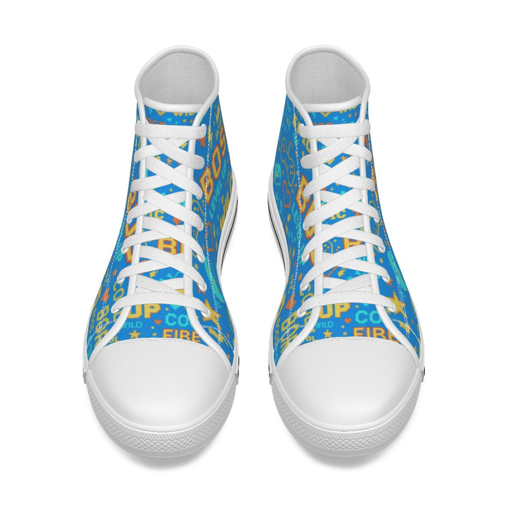 Scarpe canvas alte bambino con punta bianca e stampa blu, lacci bianchi