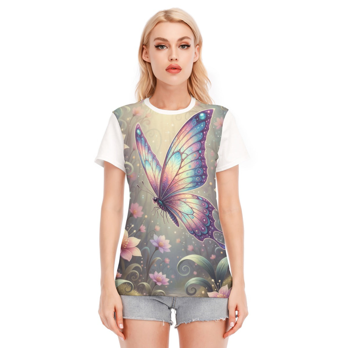 Maglietta da donna con stampa farfalla multicolore su pannello verde-grigio, maniche bianche.
