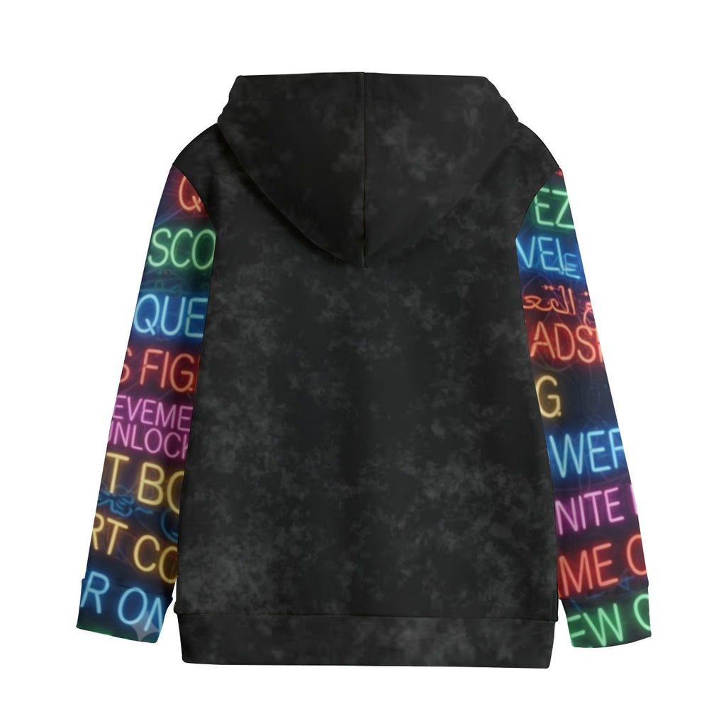 Felpa bambino con cappuccio, retro nero sfumato e scritte colorate sui lati