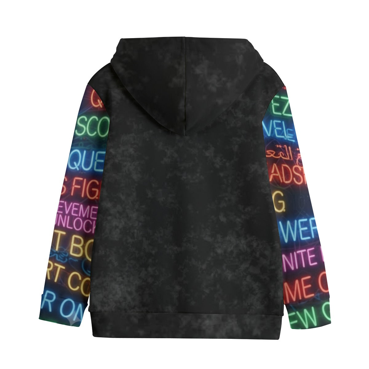 Felpa bambino con cappuccio, retro nero sfumato e scritte colorate sui lati