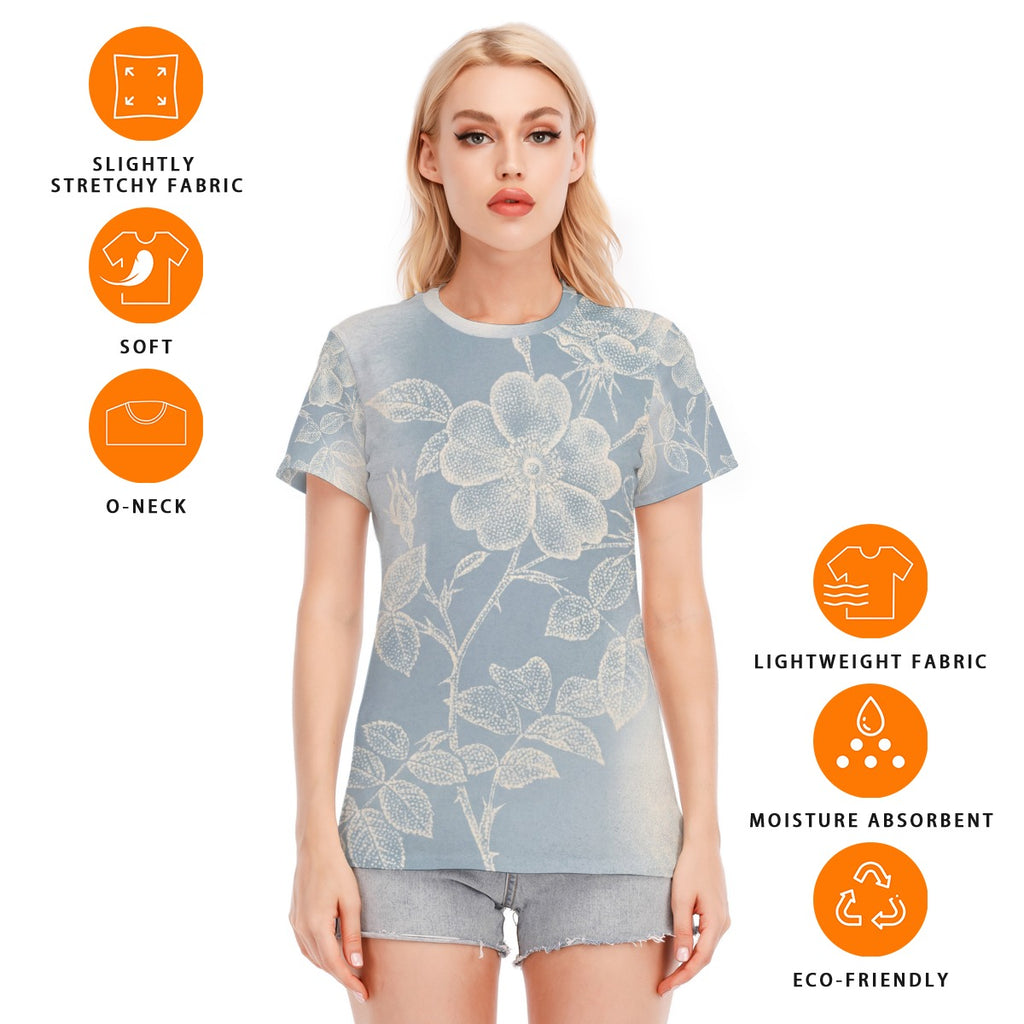Maglietta donna azzurra con stampa floreale, girocollo, tessuto leggero.