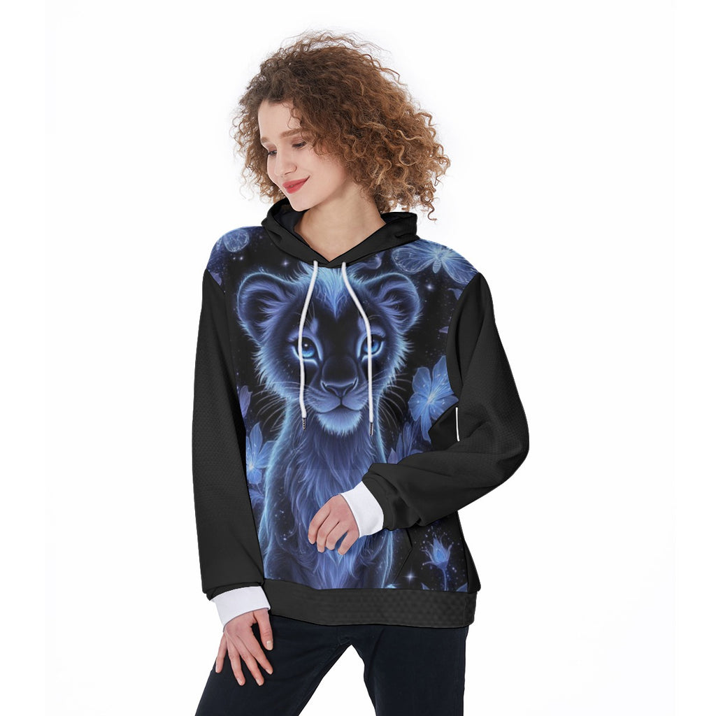 Felpa da donna con cappuccio nera, stampa gatto blu e fiori, maniche lunghe