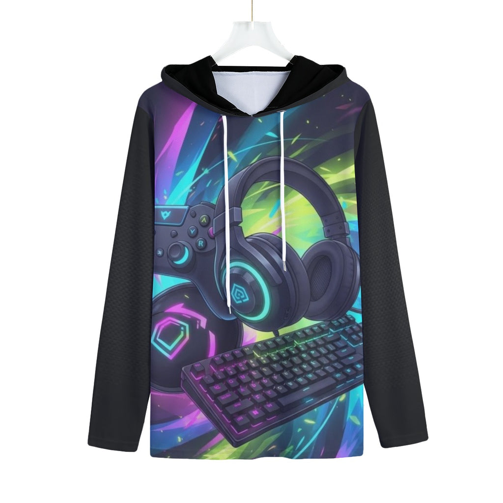 Felpa con cappuccio nera con stampa gaming di cuffie e tastiera