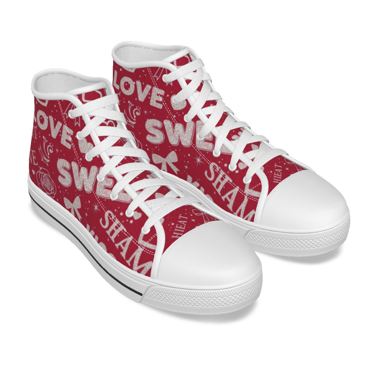 Scarpe alte rosse con stampa cuori e scritte, lacci bianchi e suola bianca