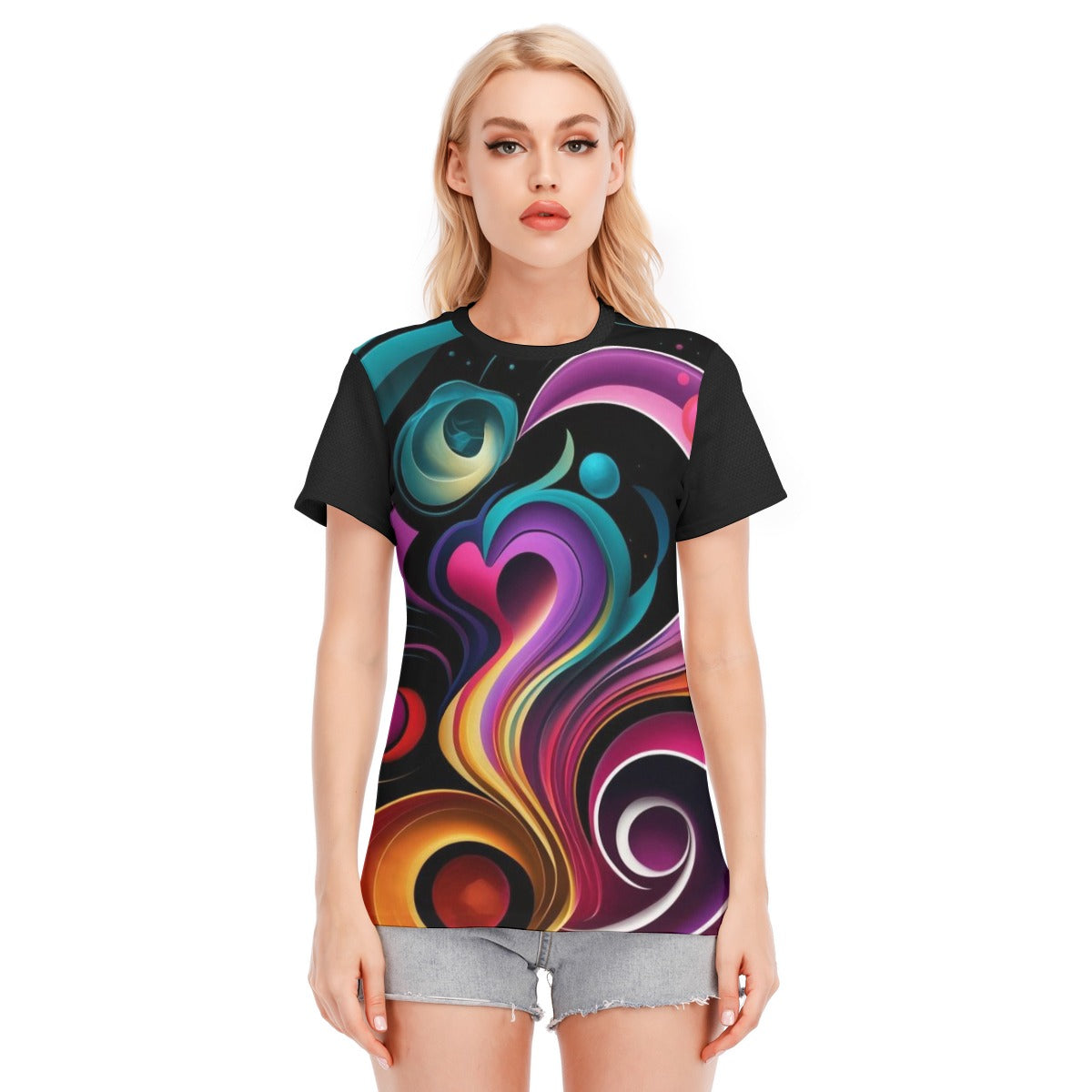 T-shirt donna nera con stampa astratta multicolore, scollo rotondo e maniche corte