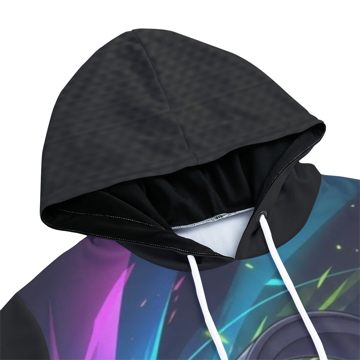 Felpa leggera con cappuccio nera, stampa gaming multicolor e laccetti