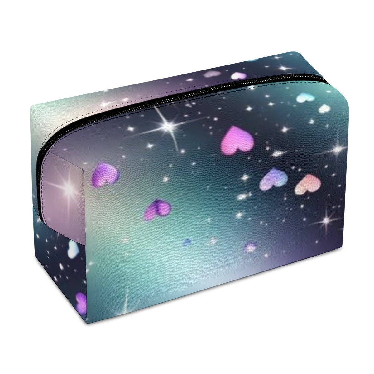 Borsa cosmetica in PU con zip superiore, fantasia galassia e cuori, forma rettangolare.
