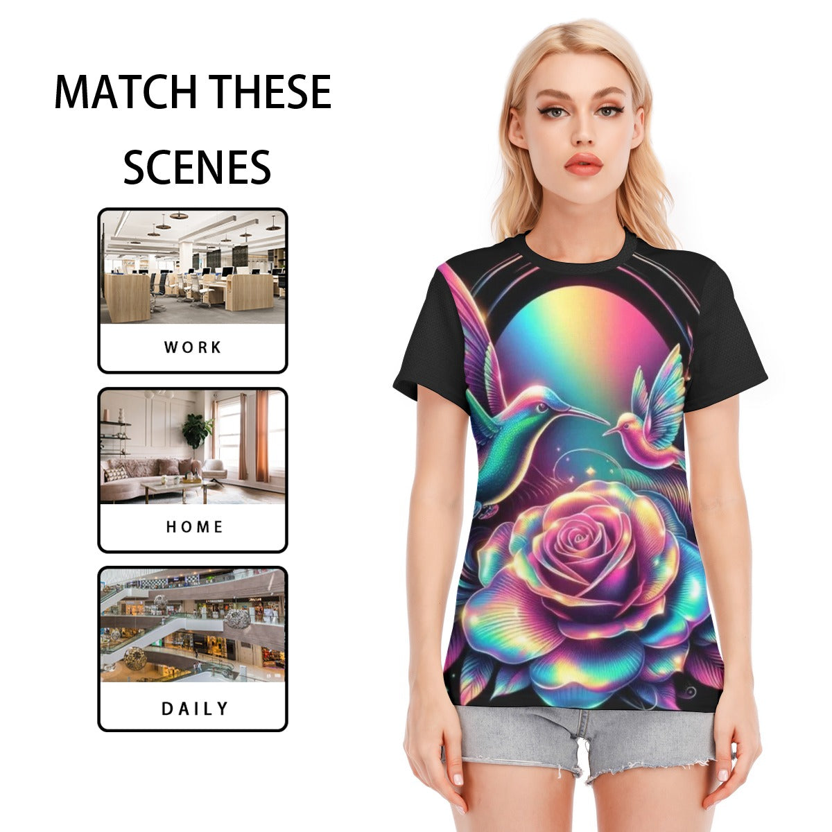 T-shirt donna nera con stampa rosa arcobaleno e colibrì, maniche corte