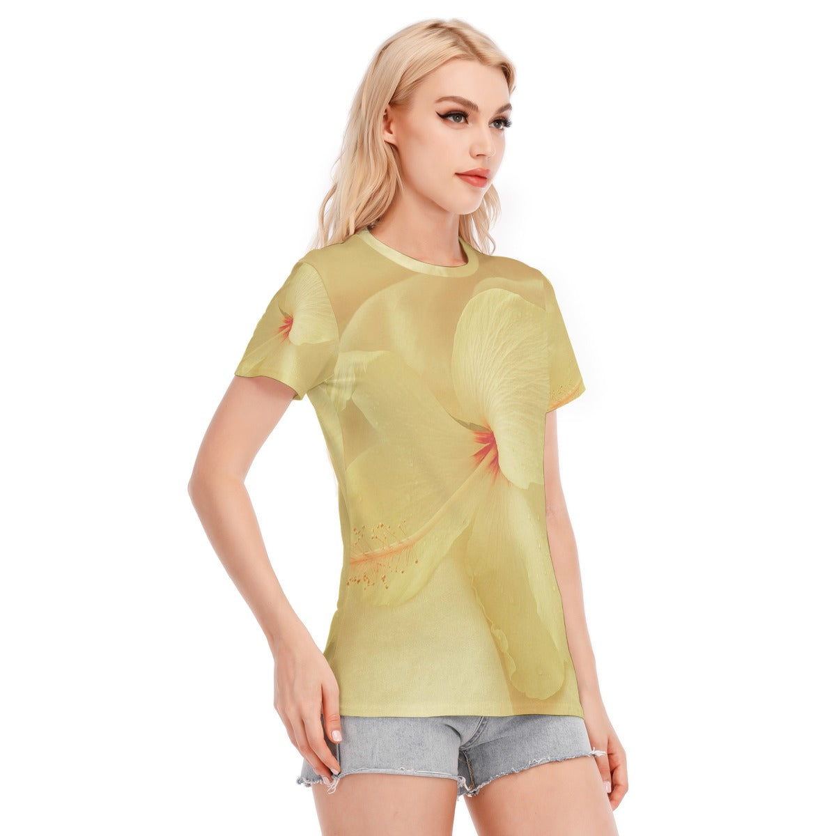 Maglietta donna giallo chiaro con stampa floreale, scollo rotondo e maniche corte