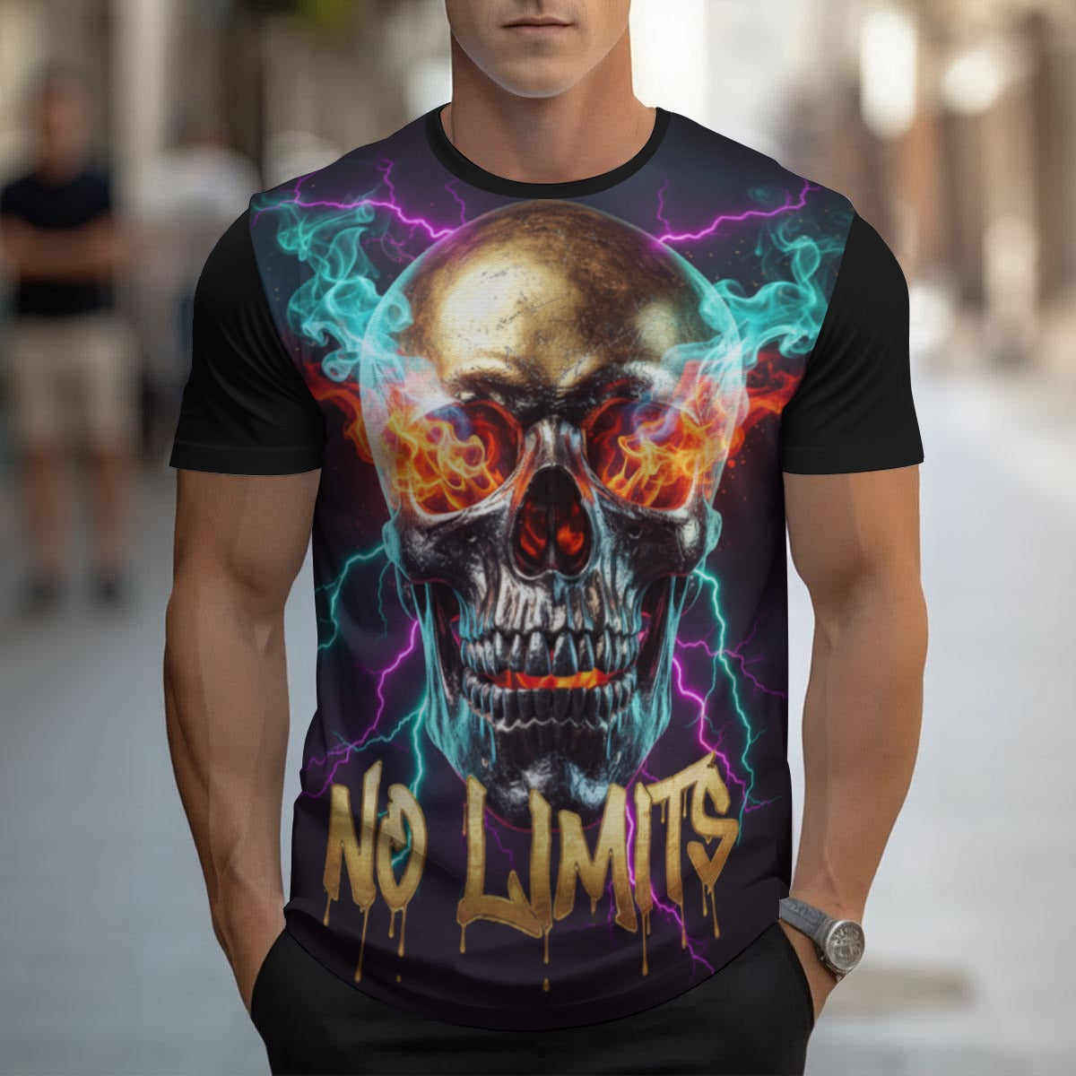 Maglietta nera da uomo con teschio grafico colorato e scritta “NO LIMITS”