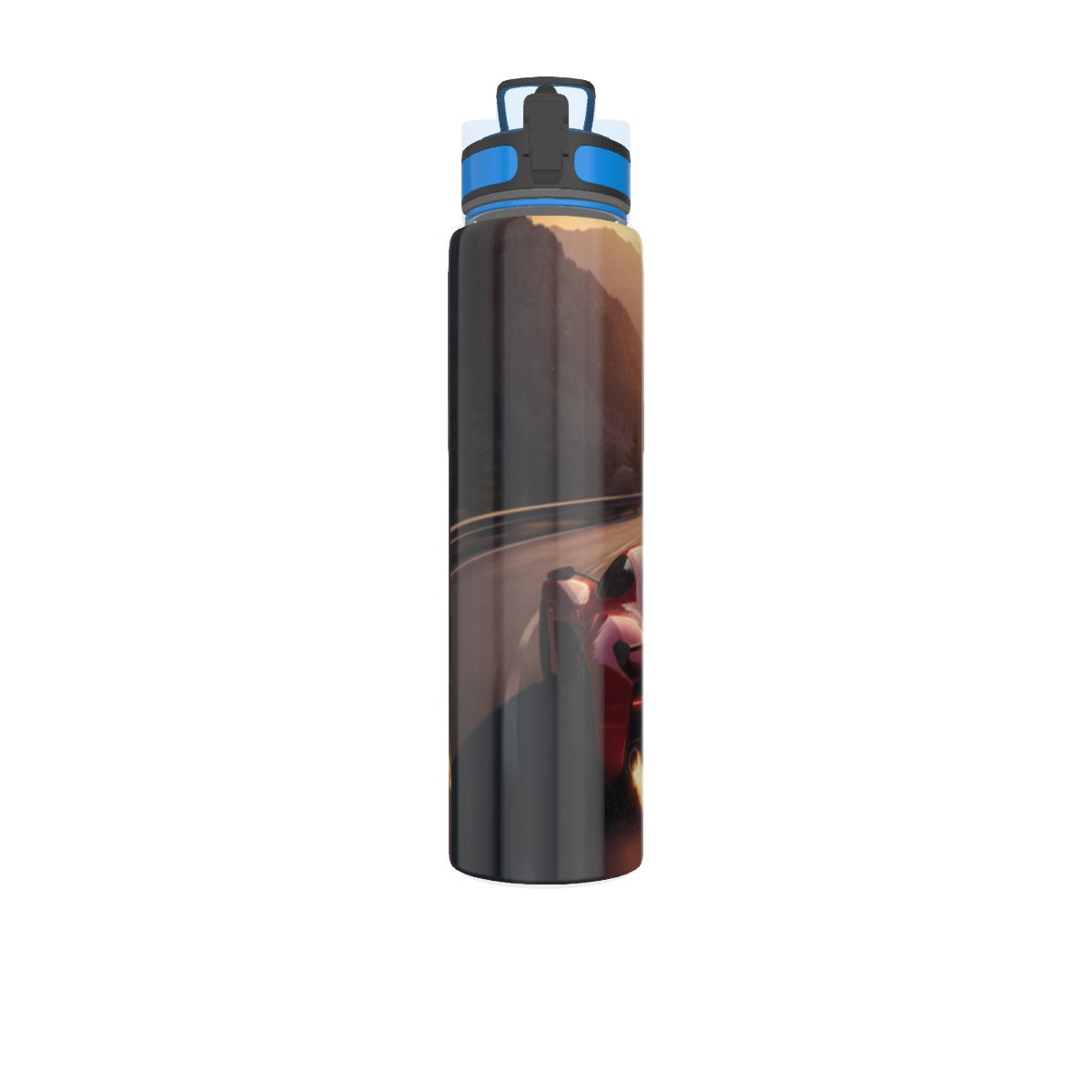 Borraccia sportiva 32 oz nera con tappo blu, vista laterale ravvicinata