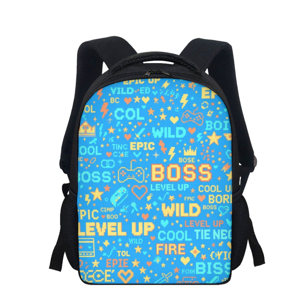 Zaino per studenti nero con pannello blu fantasia e scritte “BOSS”