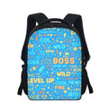 Zaino per studenti nero con pannello blu fantasia e scritte “BOSS”