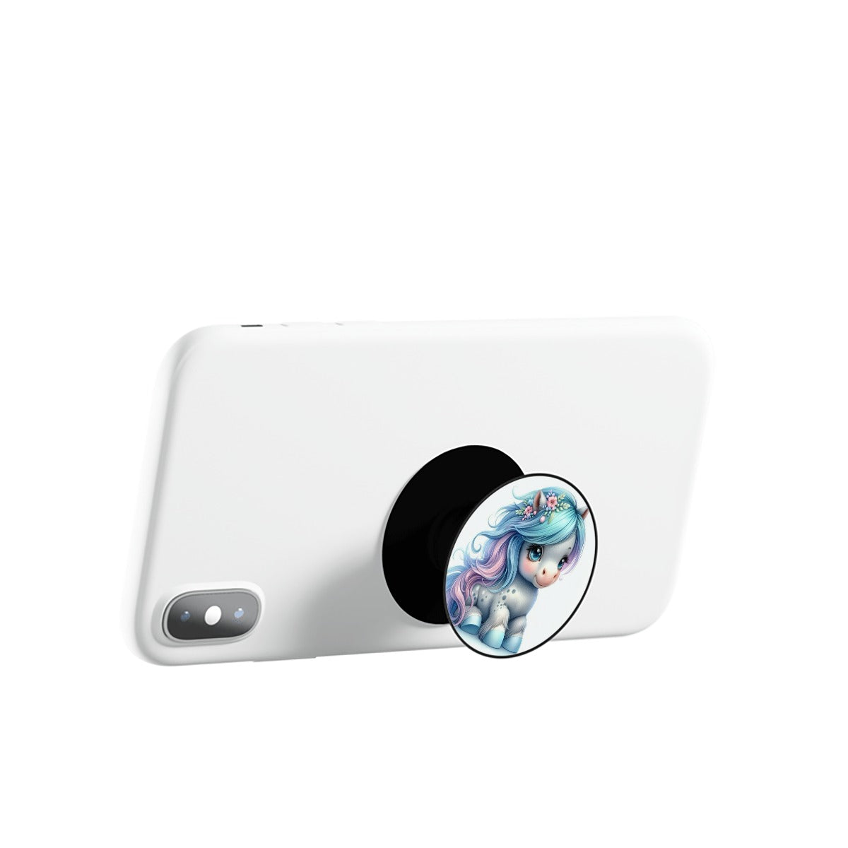 Supporto per telefono circolare con bordo nero e grafica blu sulla cover