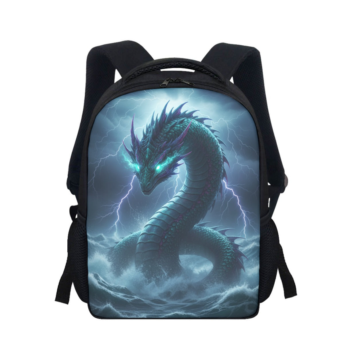 Zaino scolastico nero con spallacci e stampa drago blu luminosa sul pannello frontale
