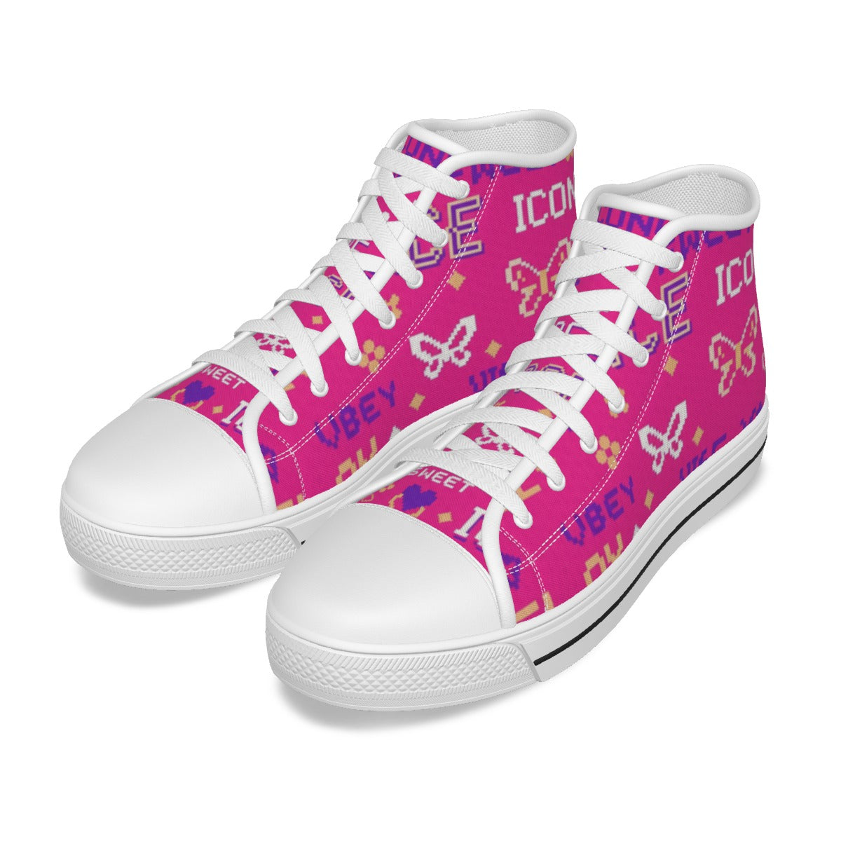 Scarpe canvas alte bambina fucsia con lacci bianchi e suola bianca, vista 3/4