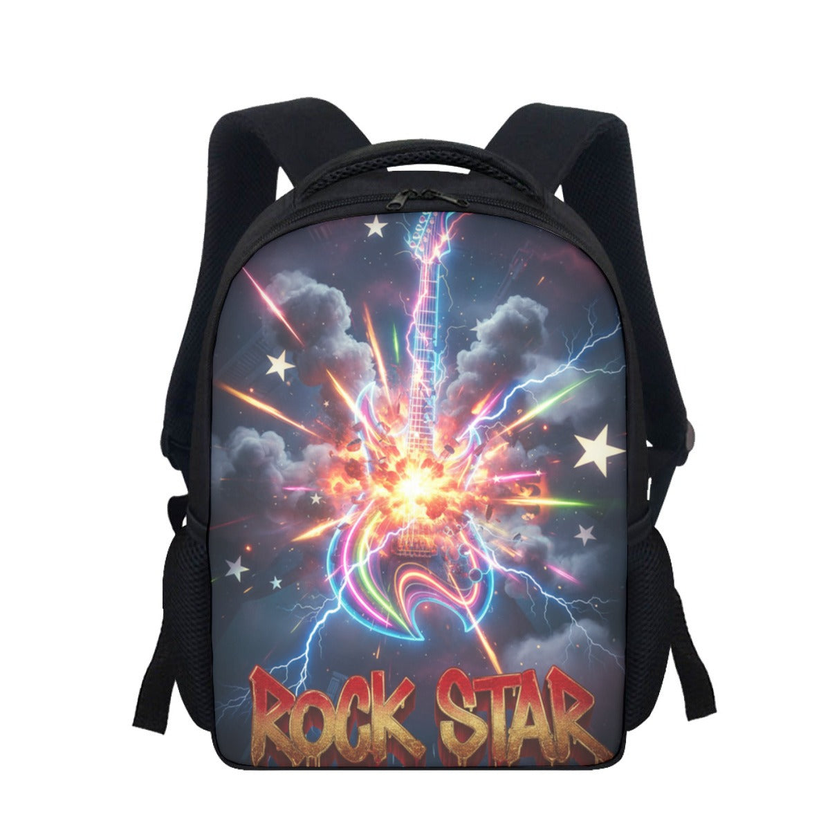 Zaino nero con spallacci regolabili e stampa Rock Star, stelle e scintille luminose