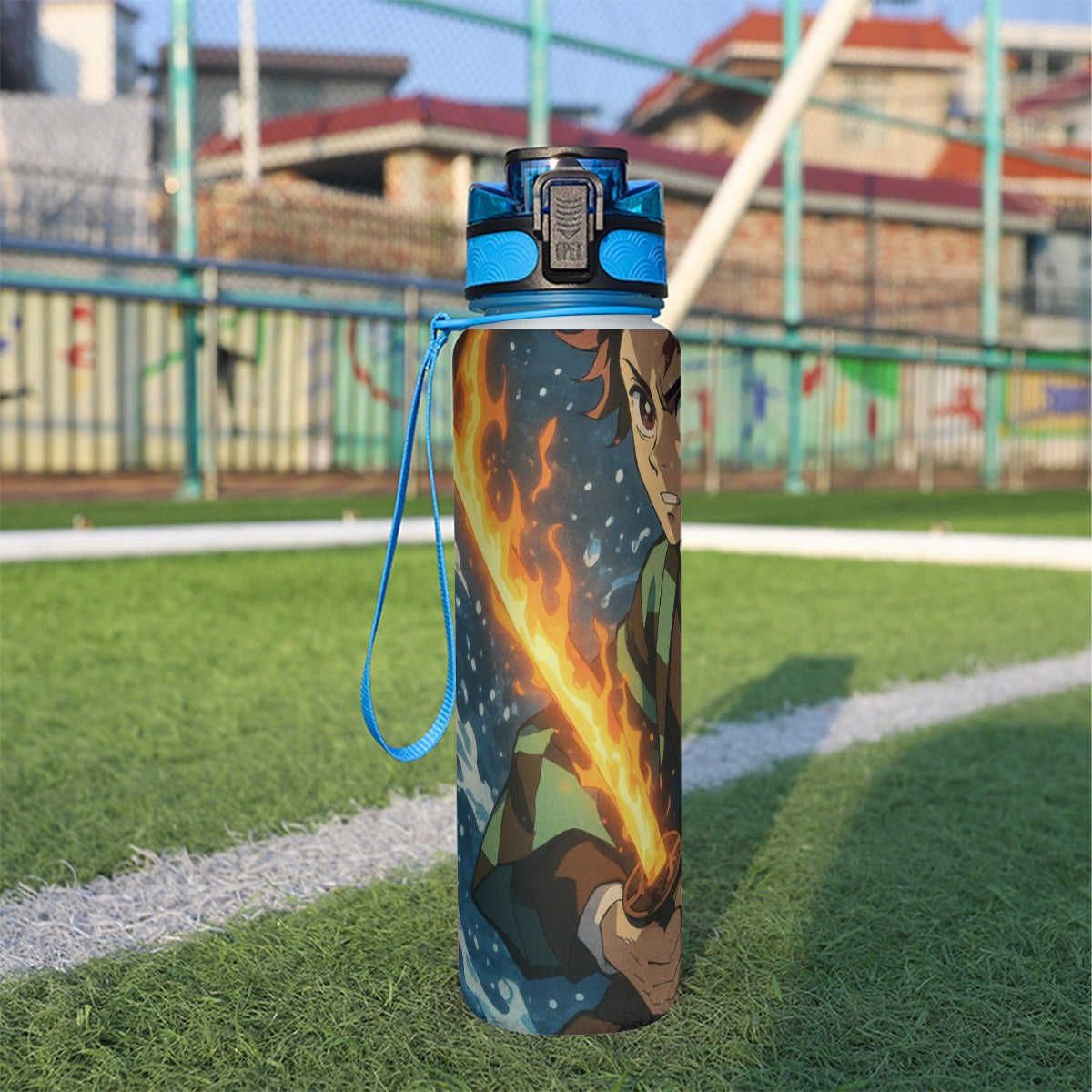 Borraccia sportiva 32 oz blu con cappuccio blu e stampa fiamme, laccio
