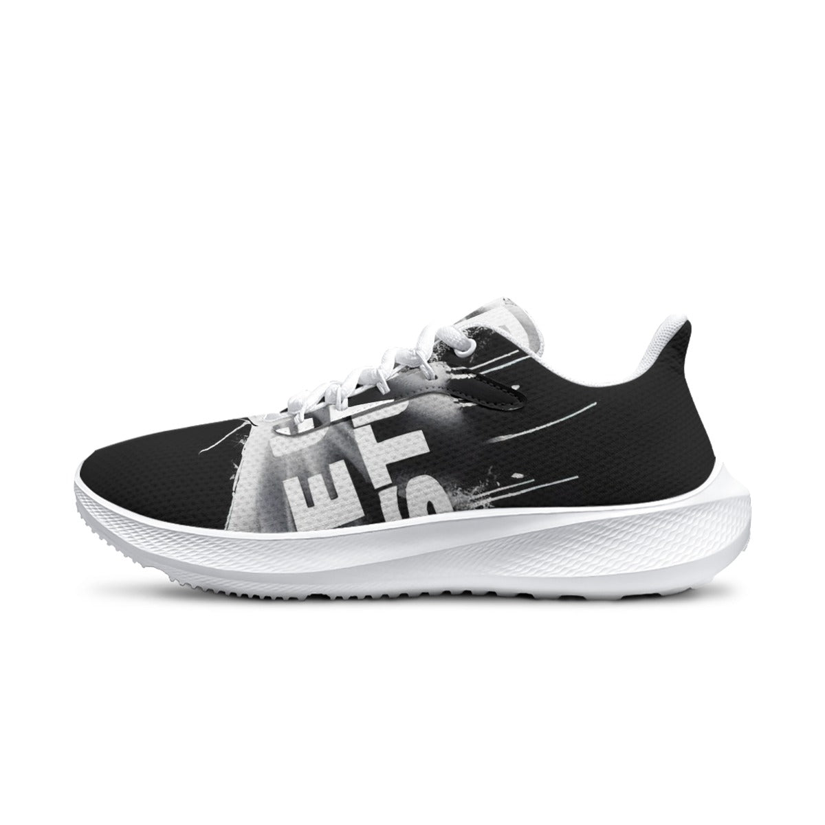 Scarpa running uomo Mod. 2 nera con fantasia grigia, suola bianca, lacci bianchi