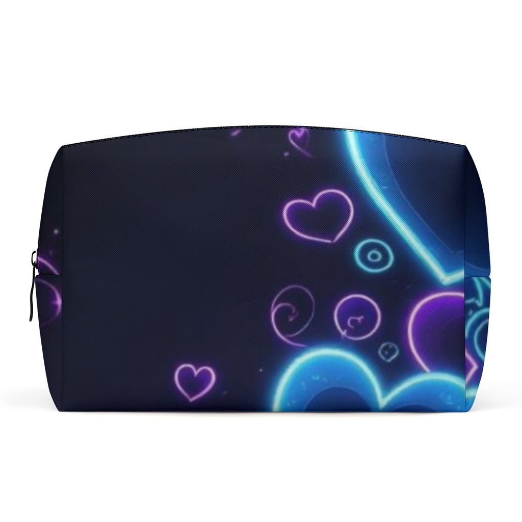 Borsa cosmetici in PU con fantasia cuori e simboli neon, chiusura con zip.