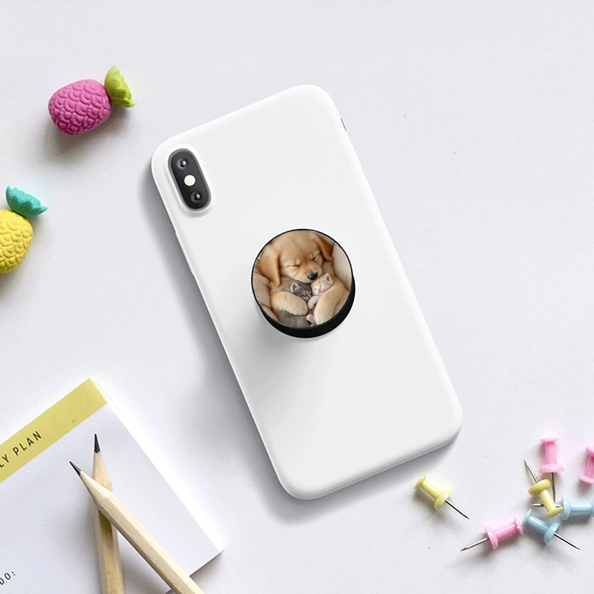 Supporto per telefono da auto bianco con tasca circolare con foto di gattini