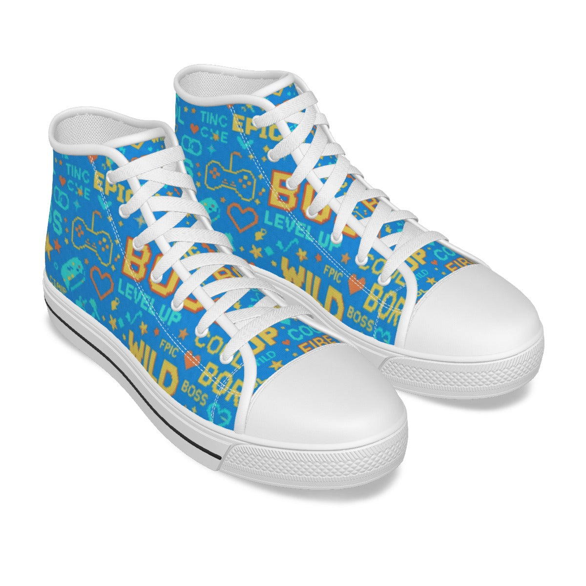 Scarpe canvas alte bambino blu con grafica e lacci bianchi, suola con rilievi