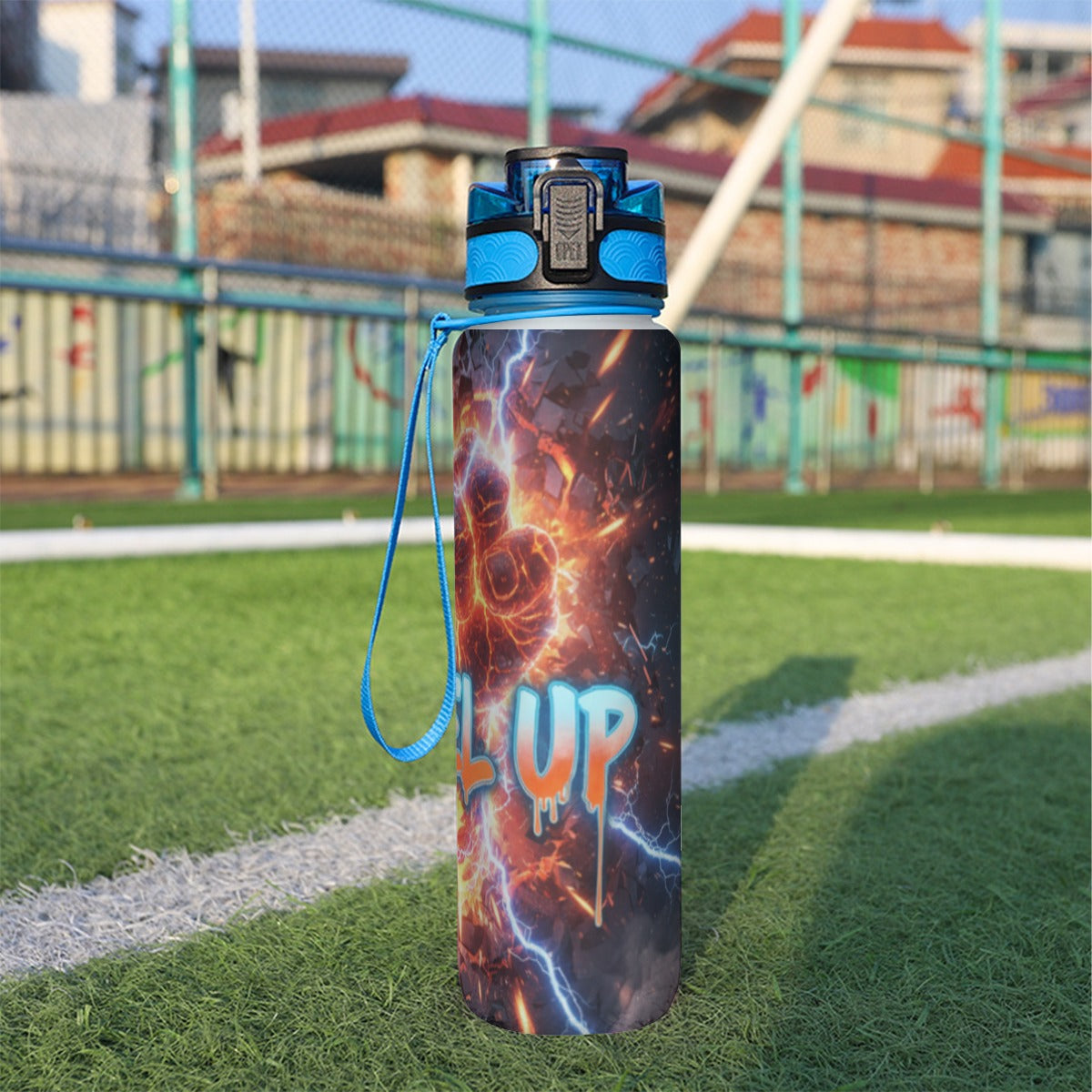 Borraccia sportiva 32oz con cappuccio blu, scritta “LEVEL UP”, cordino