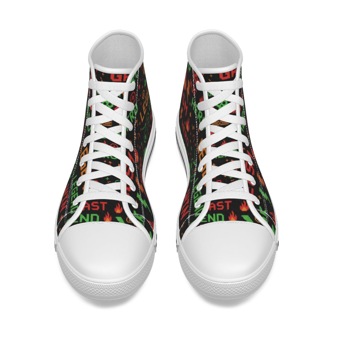 Scarpe canvas bambino nere con lacci bianchi e stampa multicolore, punta bianca