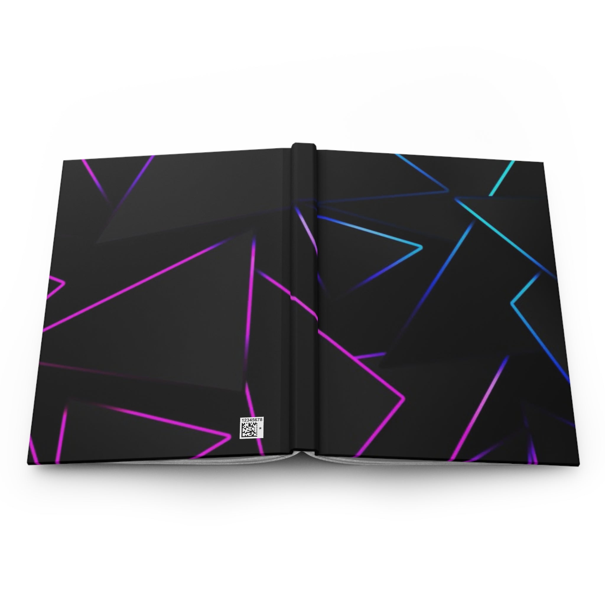 Quaderno hardcover aperto con grafica astratta blu e rosa su entrambe le pagine.