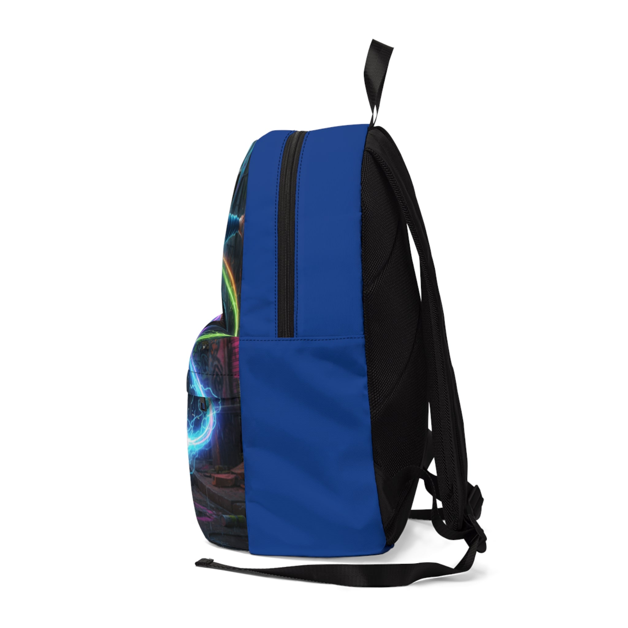 Zaino unisex blu con stampa laterale, schienale nero e cinghie regolabili