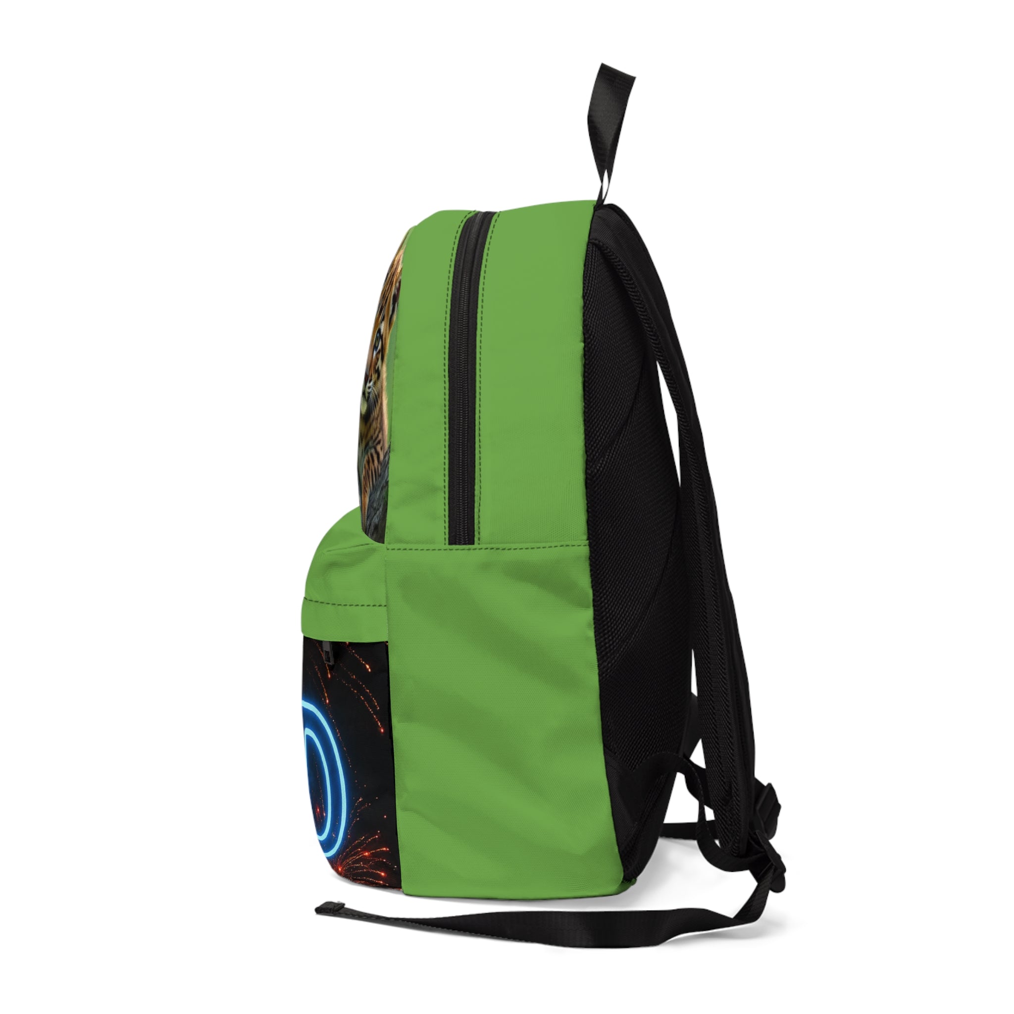 Zaino verde unisex con retro nero e zip centrale, stampa con grafica neon sul lato
