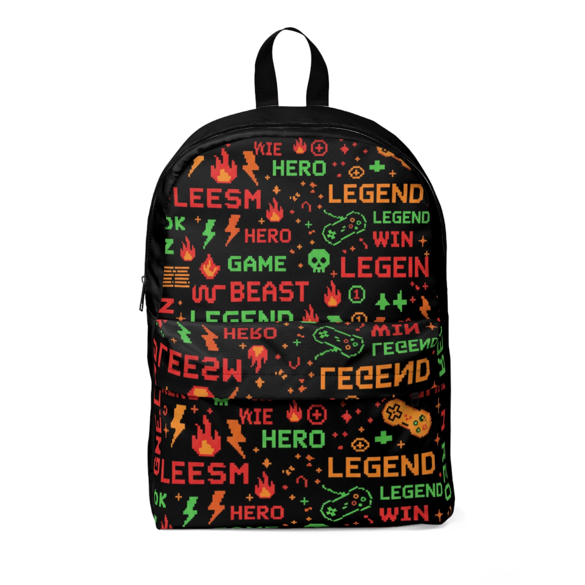 Zaino unisex nero con stampa multicolore, zip frontale e logo
