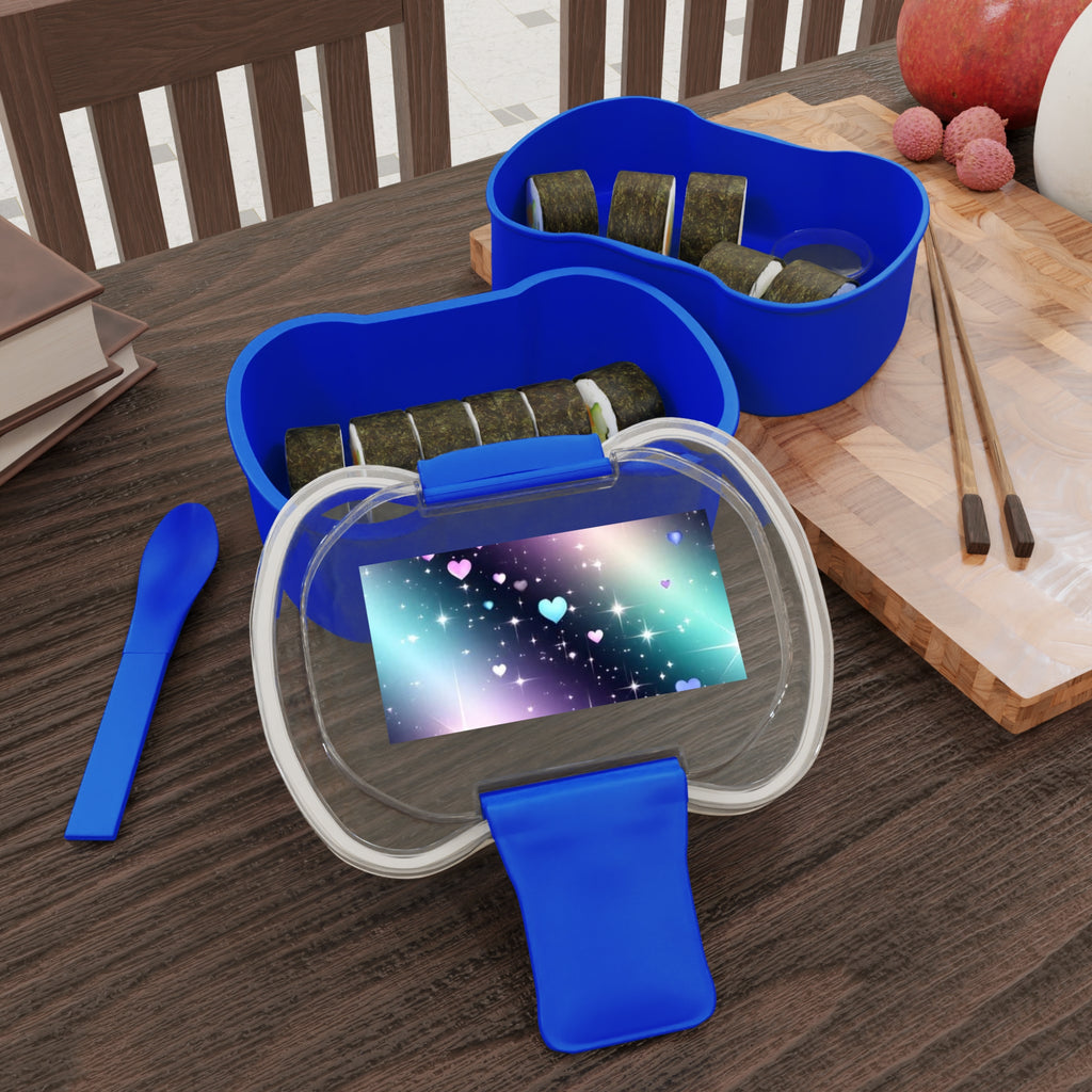 Contenitore bento blu a due livelli con inserti interni e coperchio trasparente