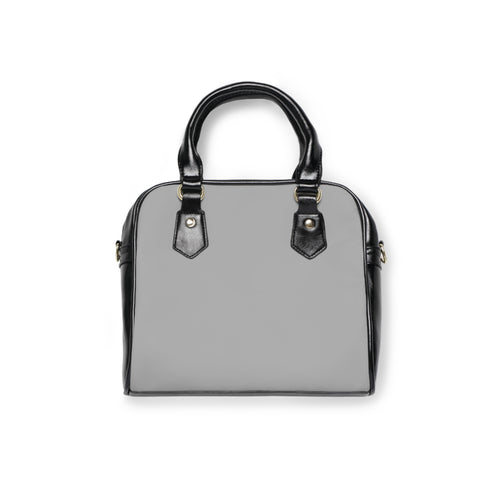 Borsa a spalla con pannello grigio e manici neri, fibbie dorate