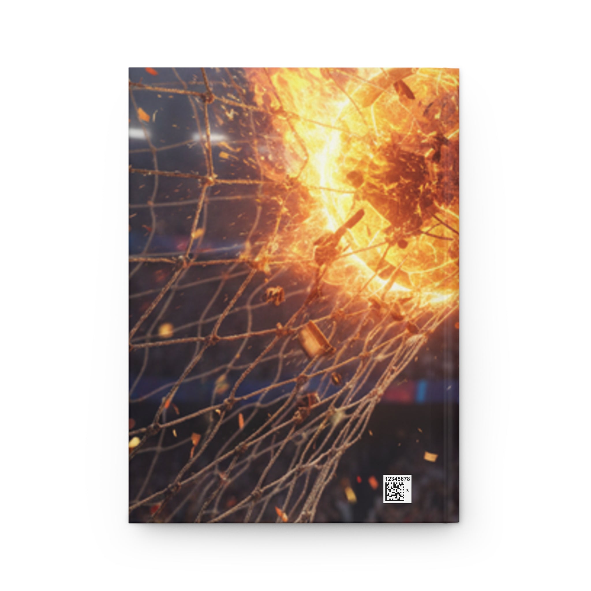 Quaderno rigido con copertina opaca e codice QR, grafica arancione e blu astratta.