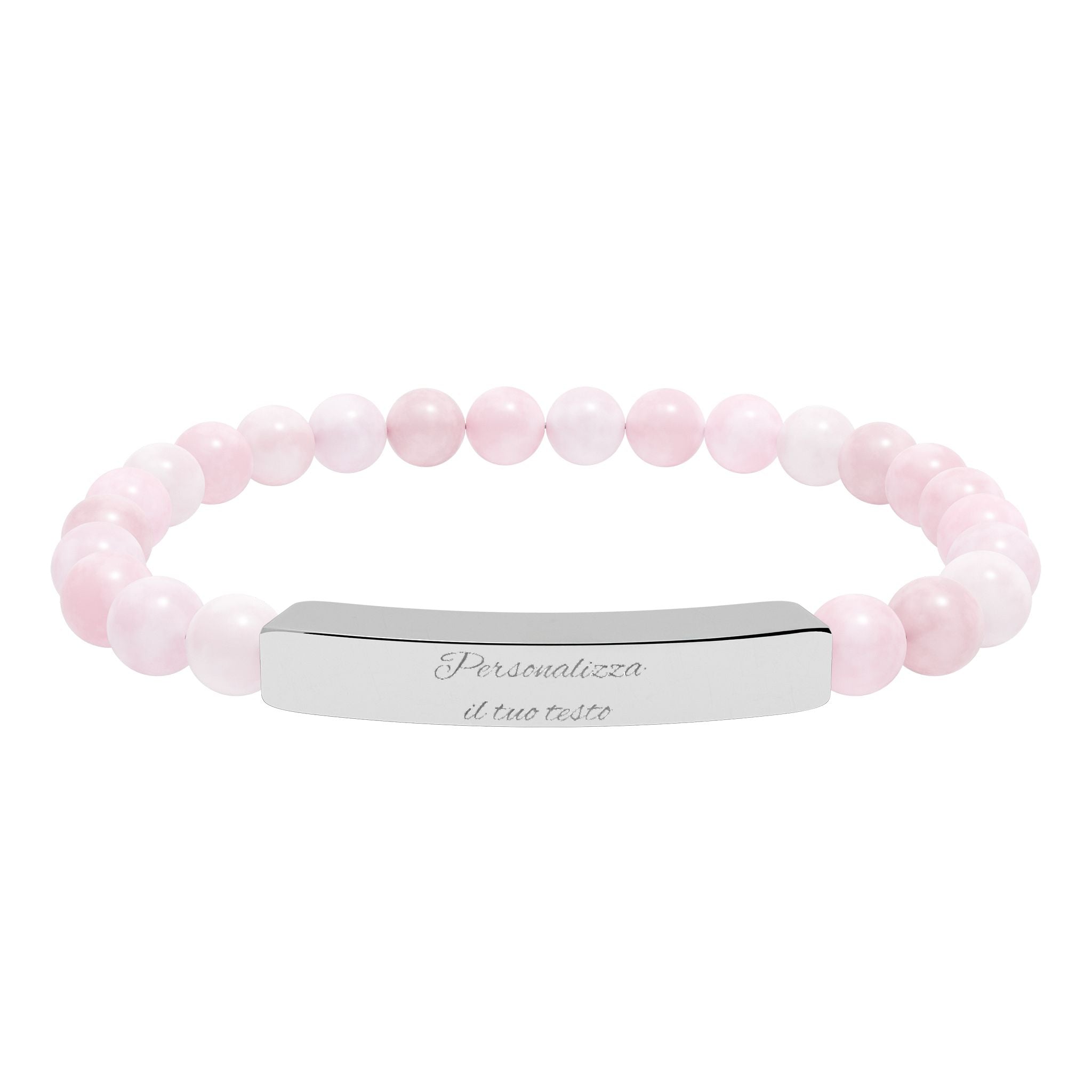 Bracciale in pietre naturali rosa chiaro con targhetta d’acciaio e incisione