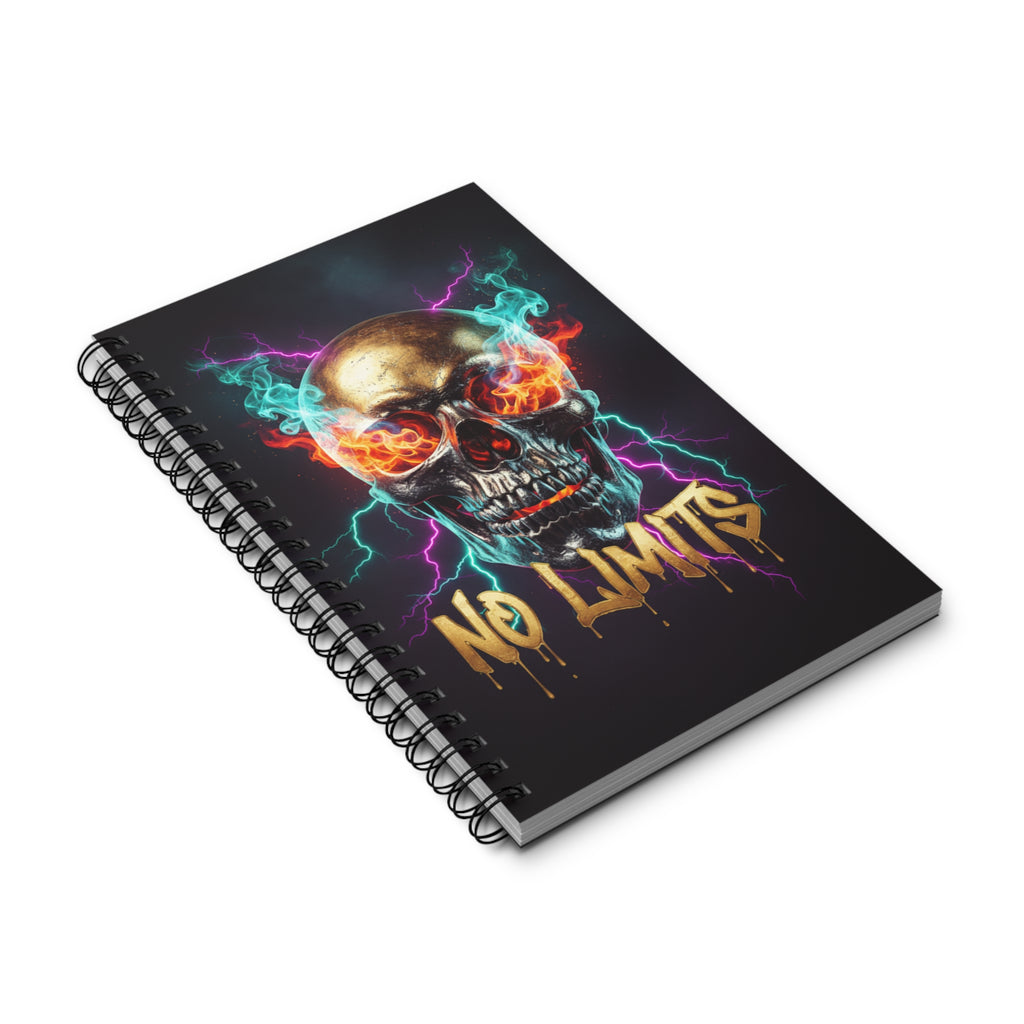 Siyah spiral defter, eğik açıdan kafatası alev grafiği ve 'NO LIMITS' yazısı